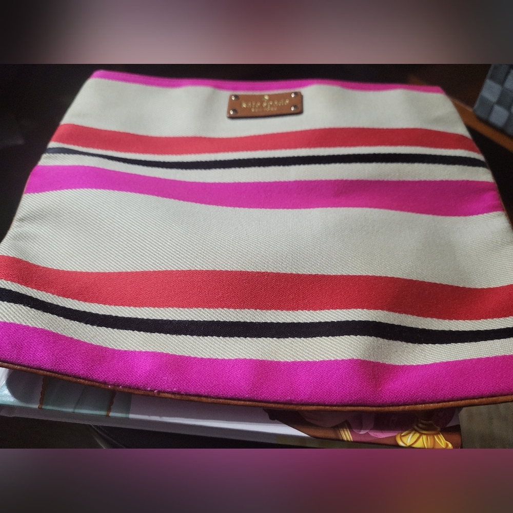 Kate spade NY Adrianne canvas striped flat pouch. Length-11. H-10in. - Picture 3 of 8